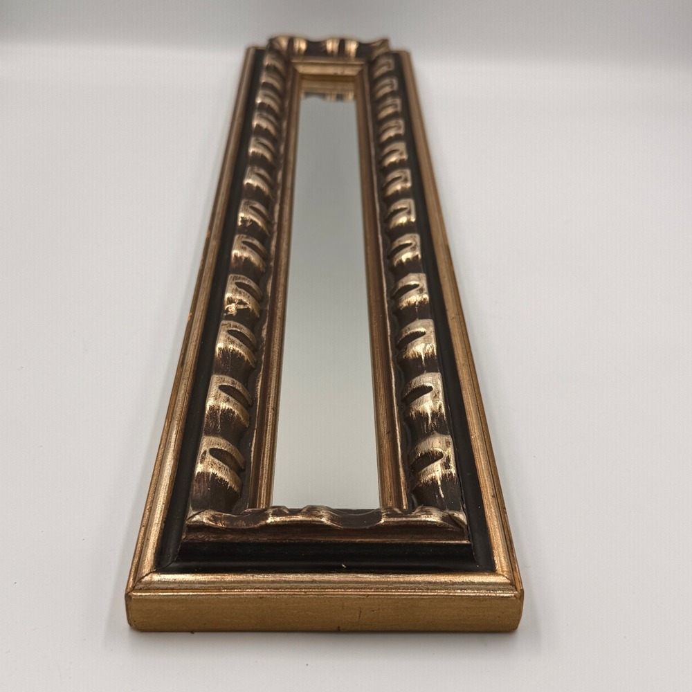 Vintage Ornate Scalloped Gold Bronze Rectangular Wall Mirror 20x5 Distressed